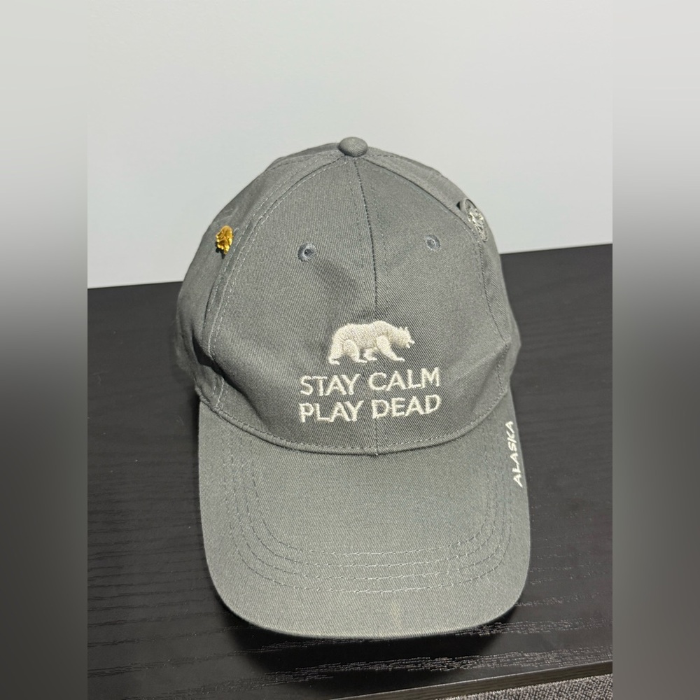 “Stay Calm And Play Dead” Bear Cap With Pins